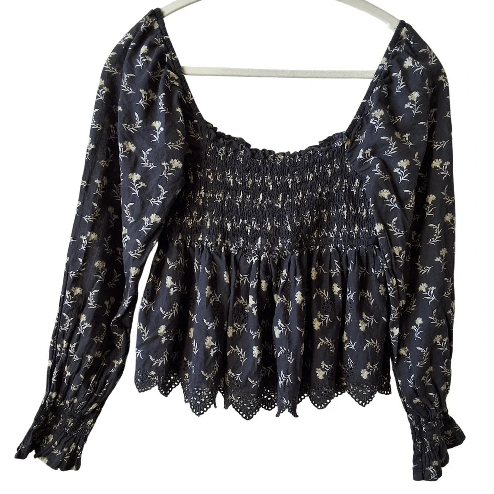 American Eagle M‎ Floral Smocked Top Peplum Eyelet Hem Cottagecore Corquette Y2K